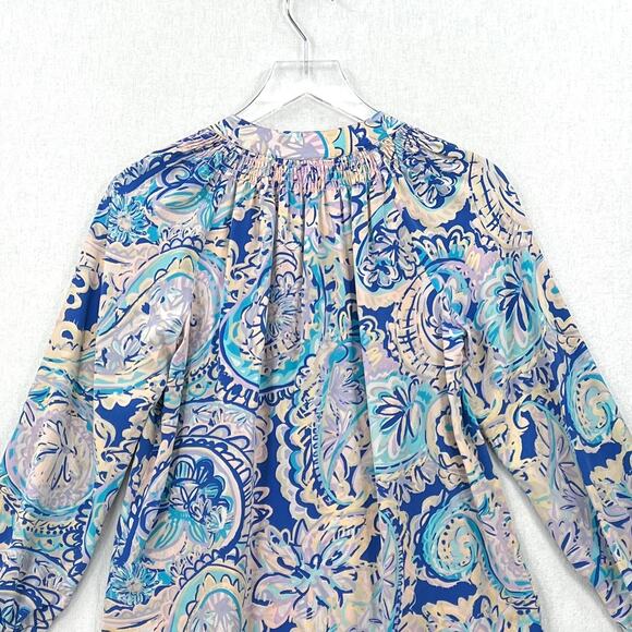LILLY PULITZER Elsa Printed Silk Blouse Womens XS Blue Pink Long Sleeve Top FLAW - Picture 5 of 12